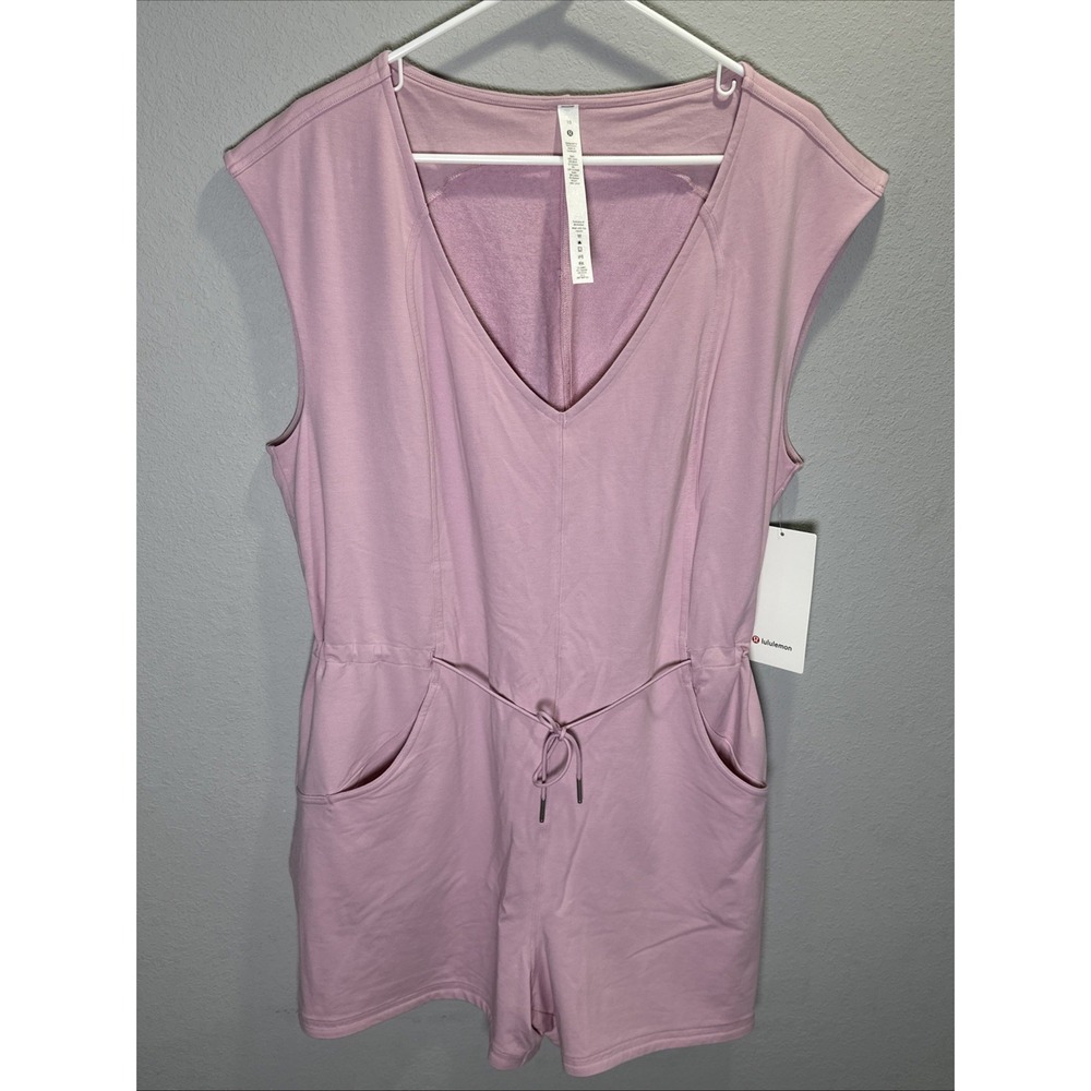 Lululemon French Terry V-neck Romper Size 10 Pink Pockets Drawcord Waist